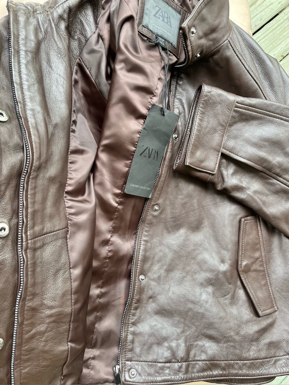 Zara 100% Leather Bomber Jacket High Neck Long Sleeves Cuffs Brown Medium NEW - Picture 15 of 16
